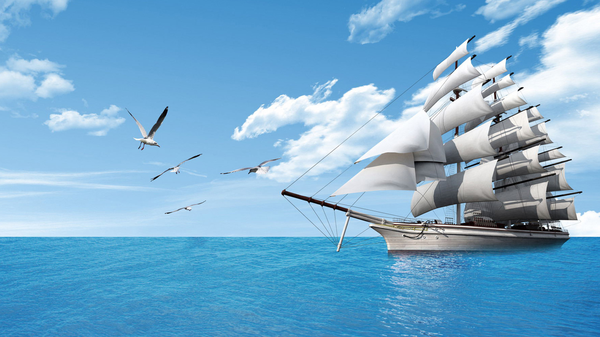 蓝天白云海鸥船帆素材图片-图行天下素材网